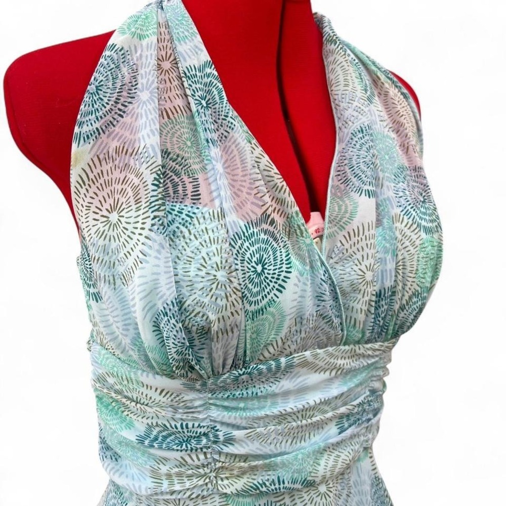 Connected Apparel Y2K Light Blue & Green Swirl Halter Dress Ruched Waist Size 8 - Picture 2 of 7